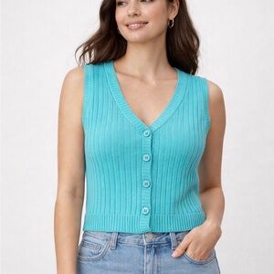 NWT Cotton Emporium Nordstrom Aqua Teal Sleeveless Button-Up XS